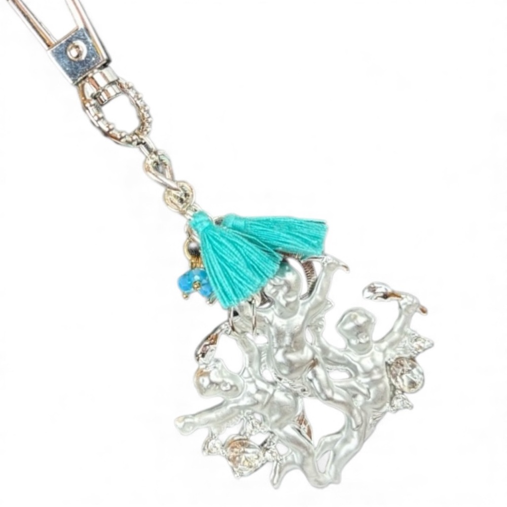 Silver‎ Cherub Keychain with Teal Tassels & Rhinestone Accents Hand Crafted